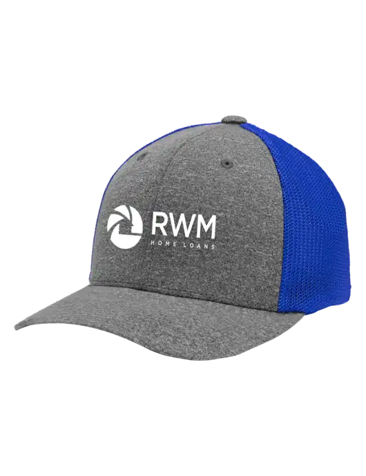Flexfit Royal/Medium Grey Heather Melange Mesh Back Trucker Cap w/RWM Home Loans Logo