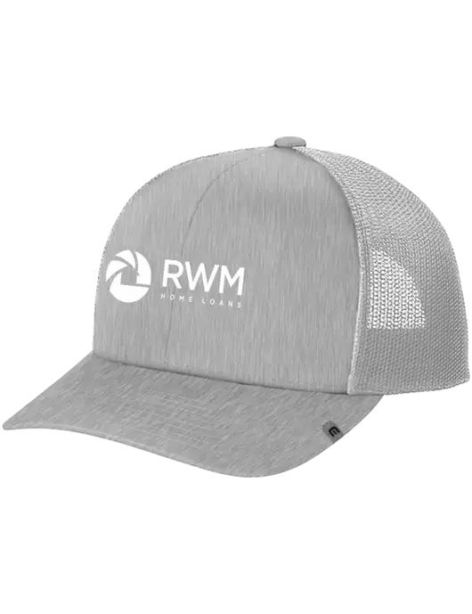 TravisMathew Light Medium Grey Heather Cruz Trucker Cap w/RWM Home Loans Logo
