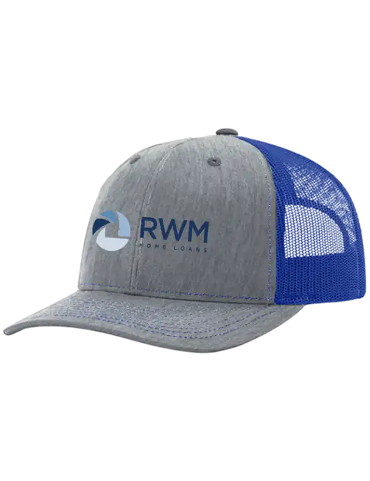 Richardson Adjustable Snapback Original 112 Trucker Cap Heather Light Grey w/Royal Mesh w/RWM Home Loans Logo