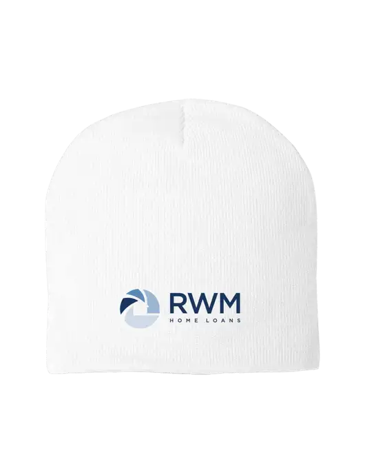 Solid White Element Knit Beanie w/RWM Home Loans Logo