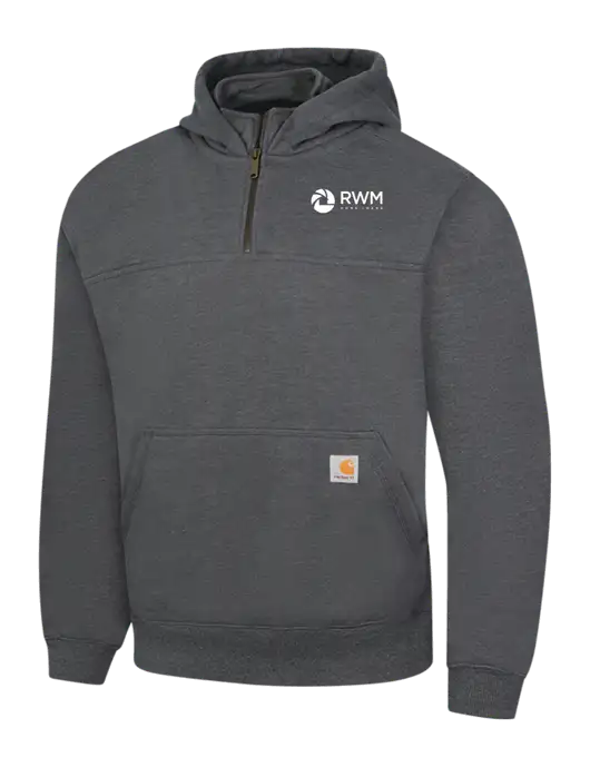 Carhartt Dark Grey Heather Rain Defender Paxton Heavyweight Hooded 1/4 Zip Mock Sweatshirt w/RWM Home Loans Logo