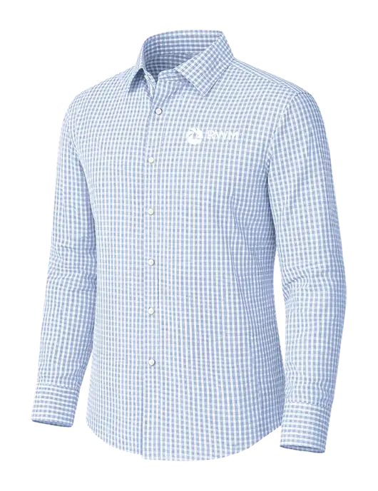 Brooks Brothers Tech Stretch Light Blue Fine Check Patterned Shirt w/RWM Home Loans Logo