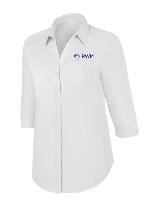 Womens White 3/4 Sleeve Carefree Poplin Shirt w/RWM Home Loans Logo
