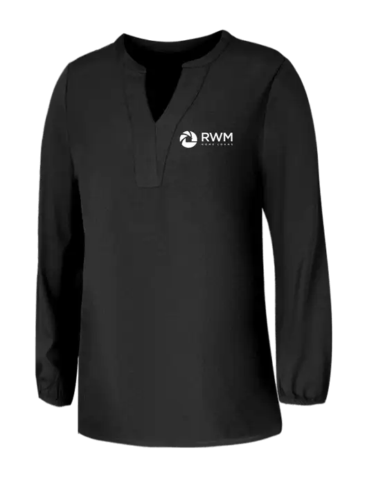 Mercer+Mettle Womens Deep Black Stretch Crepe 3/4 Sleeve Blouse w/RWM Home Loans Logo