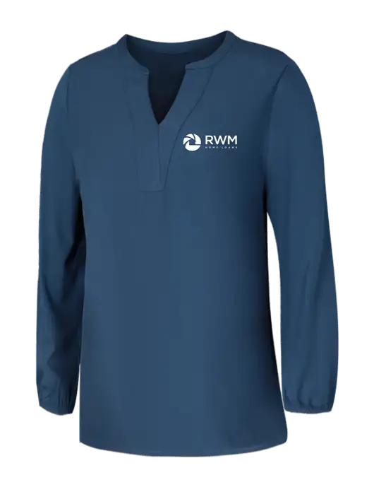 Mercer+Mettle Womens Light Navy Blue Grey Stretch Crepe 3/4 Sleeve Blouse w/RWM Home Loans Logo