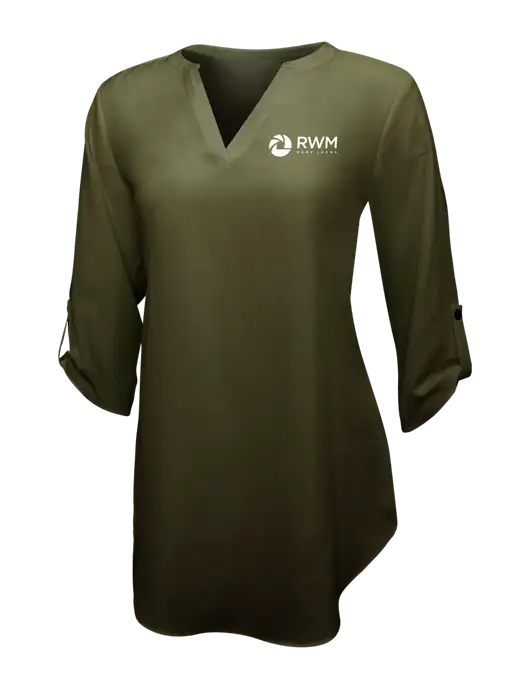 Womens Dark Olive 3/4 Sleeve Tunic Blouse w/RWM Home Loans Logo