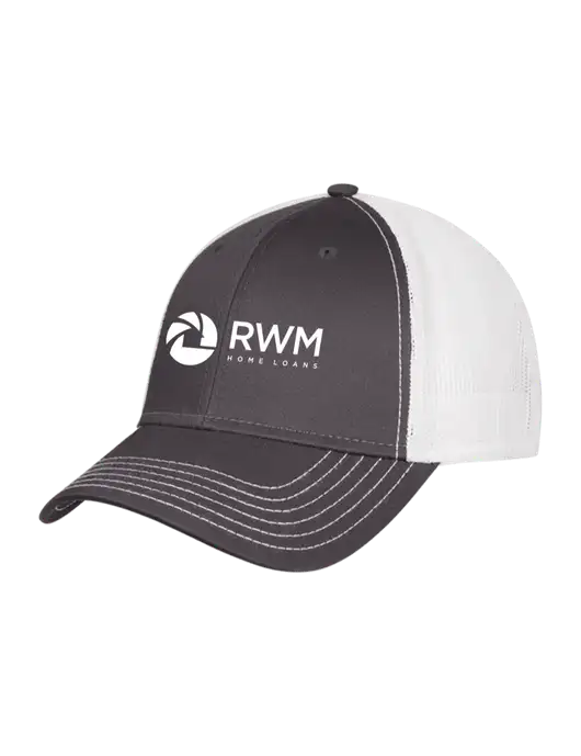 Dark Grey/White Mesh Trucker Cap Snap Back w/RWM Home Loans Logo